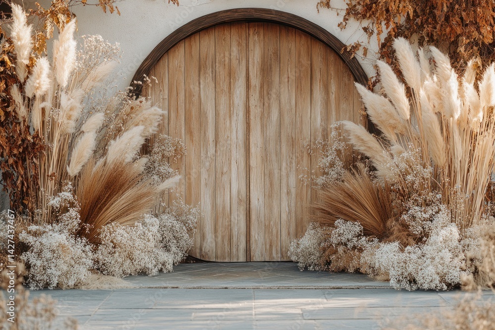 Obraz premium An elegant wooden door decorated with natural dried floral arrangements