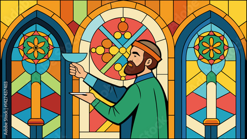 Stunning stained glass windows being painstakingly restored by expert artisans using traditional techniques to preserve their historical significance.. Vector illustration