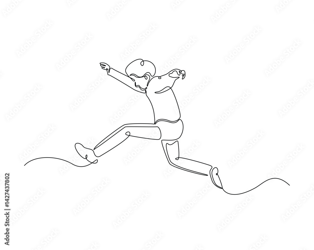 Little boy jumping outline drawing illustration. one continuous line drawing of happy little boy walking. Little boy jumping outline drawing illustration. one continuous line drawing of happy little boy walking.