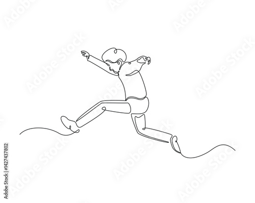 Little boy jumping outline drawing illustration. one continuous line drawing of happy little boy walking.