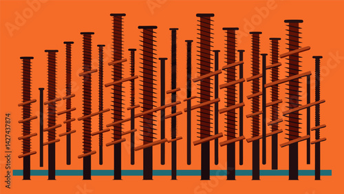 Hundreds of pieces of rebar are arranged in a carefully calculated pattern each one essential to the overall integrity of the structure.. Vector illustration