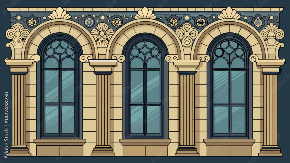 The windows on each floor are framed by intricately carved stone trim highlighting the precision and attention to detail in the construction.. Vector illustration The windows on each floor are framed by intricately carved stone trim highlighting the precision and attention to detail in the construction.. Vector illustration