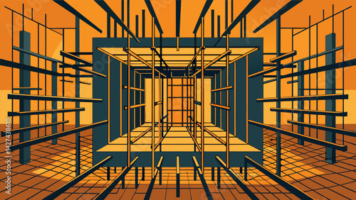 The chaotic yet precise arrangement of rebar gives a glimpse into the complexity of the buildings inner design.. Vector illustration