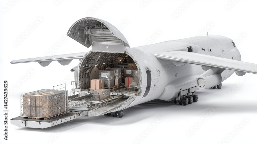 Fototapeta premium Present Industrial Strength with a Cargo Plane Rear Loading Bay Open Against Crisp White Backdrop