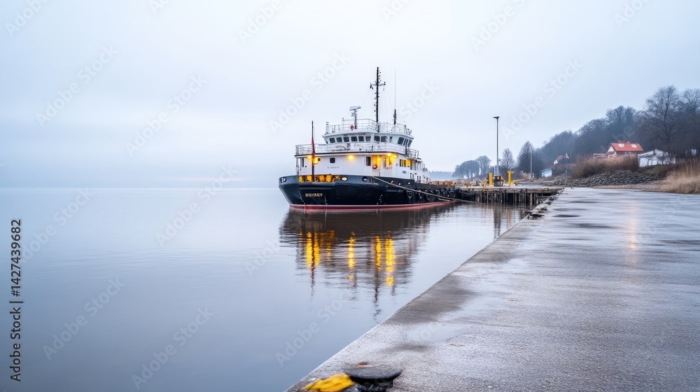 Fototapeta premium Misty harbor scene with vessel moored. A calm, tranquil morning at a harbor. The water reflects the ship, and the fog adds to the serene atmosphere. The ship is docked near a concrete pier