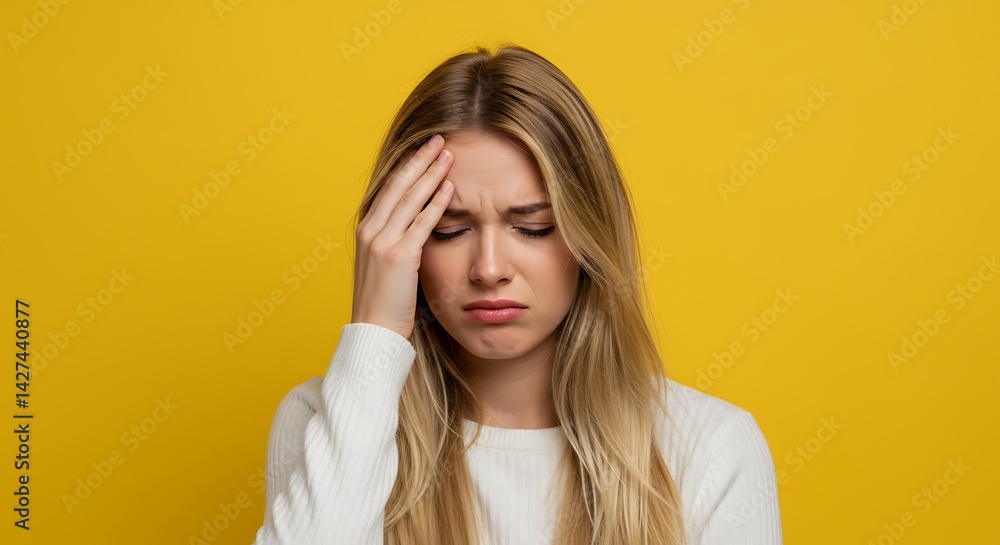 Blond woman with hand on forehead looking distressed against a bright yellow solid color background Blond woman with hand on forehead looking distressed against a bright yellow solid color background