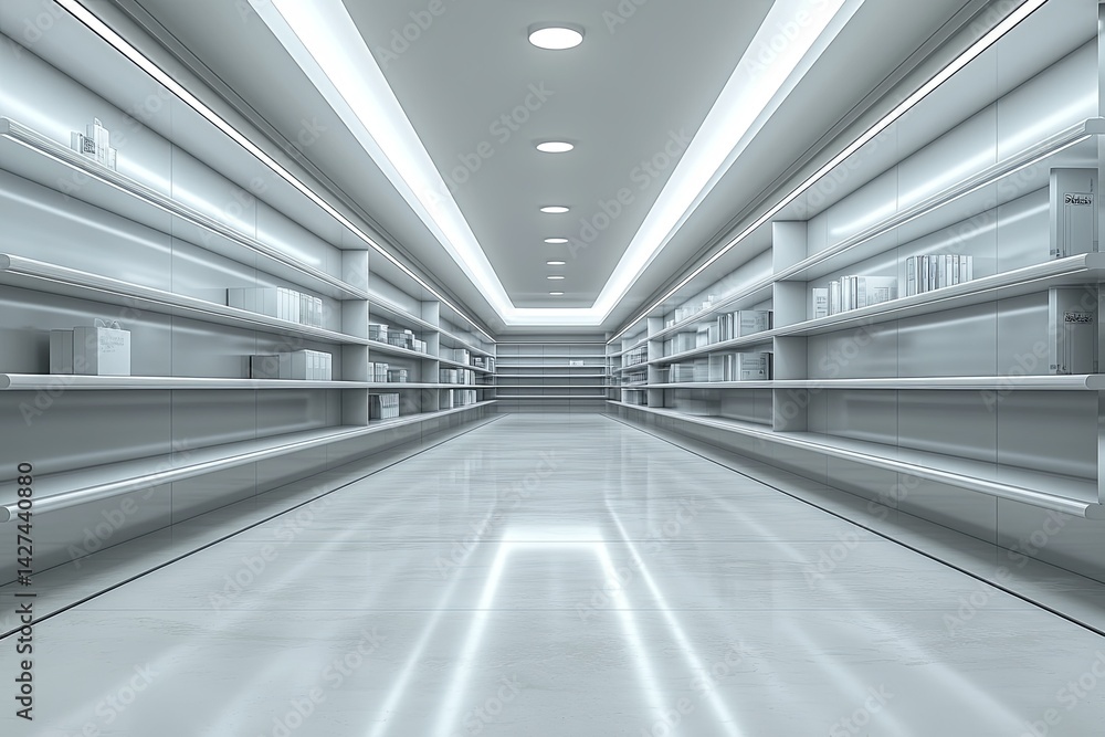 A modern interior displaying rows of shelves and overhead lighting A modern interior displaying rows of shelves and overhead lighting