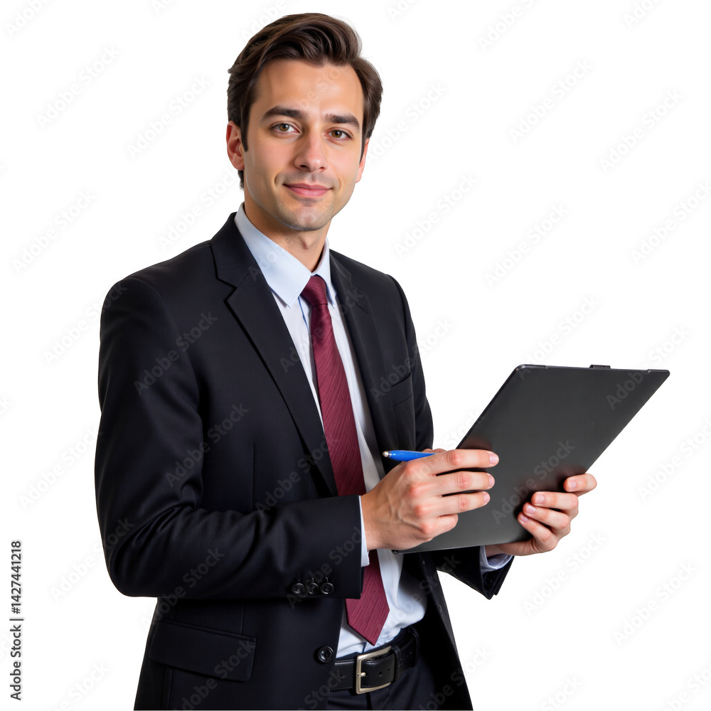 Young Caucasian Male Businessman in a Suit Holding a Clipboard and Pen, Ready to Engage in Professional Activities Young Caucasian Male Businessman in a Suit Holding a Clipboard and Pen, Ready to Engage in Professional Activities