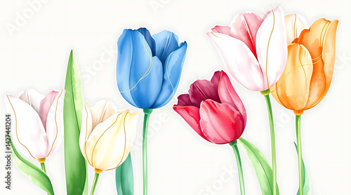 A set of vector illustrations of abstract tulips painted in watercolor with gold lines. A hand-drawn tulip clipart collection for spring with transparent background