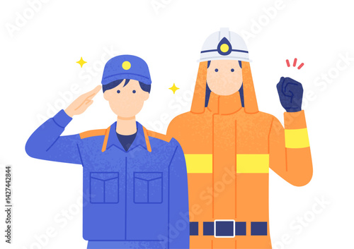 オレンジ色の防火服を着た消防士と救急救命士のベクターイラスト素材。