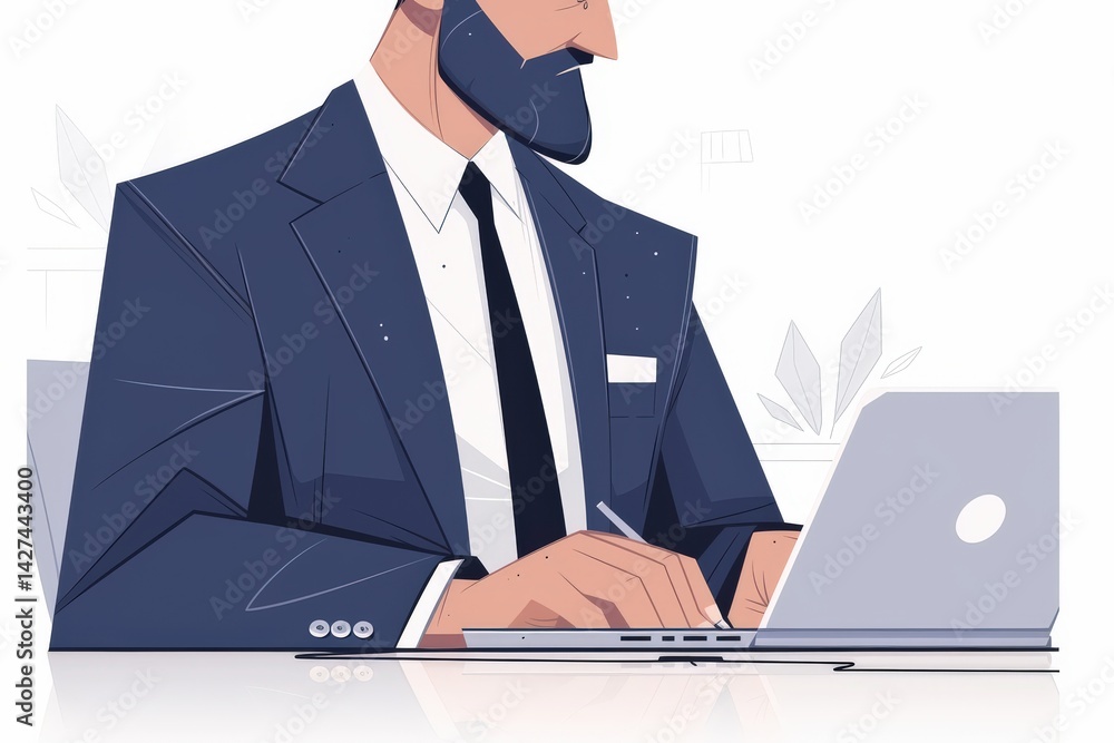Man in suit typing at computer; professional, serious, focused work Man in suit typing at computer; professional, serious, focused work