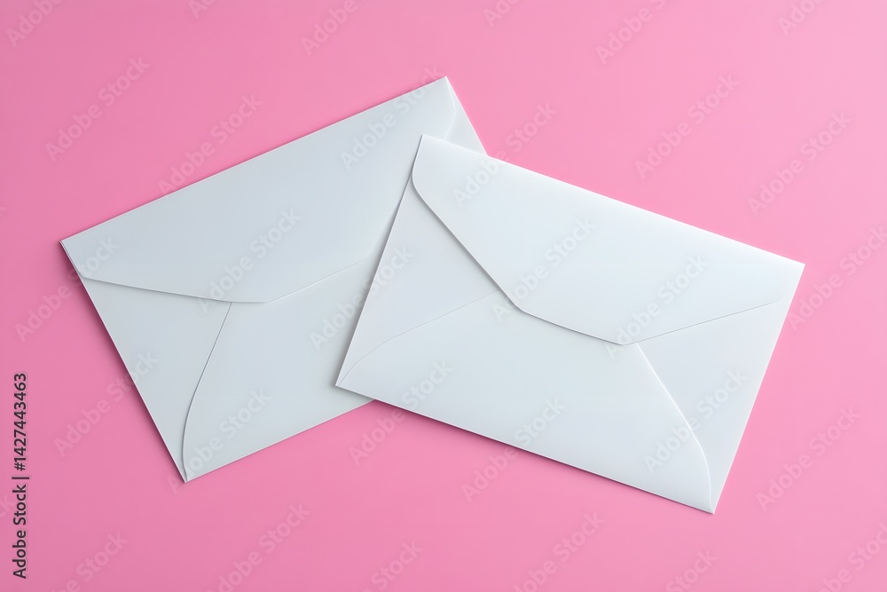 Two Blank White Envelopes on a Vibrant Pink Background, Ready for Correspondence or Mailing Two Blank White Envelopes on a Vibrant Pink Background, Ready for Correspondence or Mailing