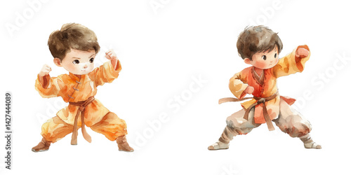 chinese boy doing kung fu watercolor vector illustration