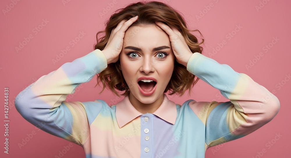 Woman with hands on head expressing shock and wearing pastel shirt against pink background looking forward Woman with hands on head expressing shock and wearing pastel shirt against pink background looking forward