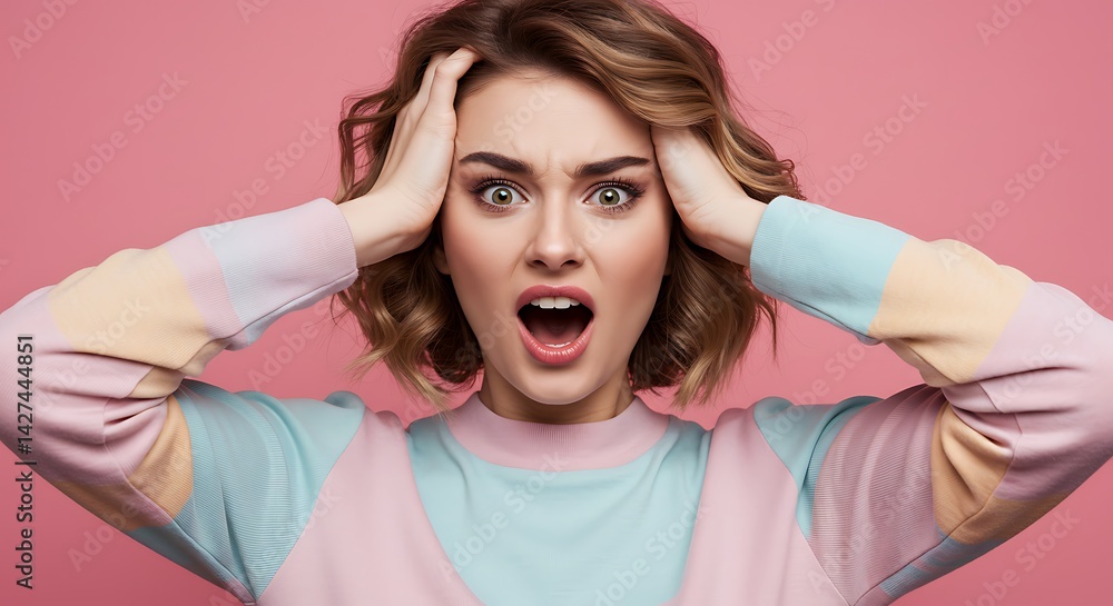 Woman with hands on head and mouth open in a colorful sweater against a pink background looking shocked Woman with hands on head and mouth open in a colorful sweater against a pink background looking shocked