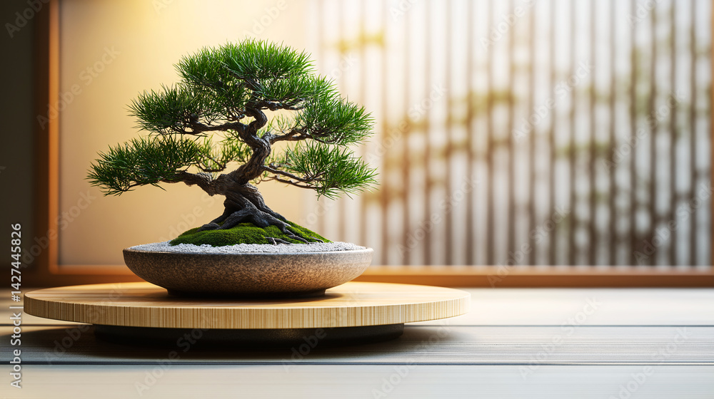 A well-maintained bonsai tree with lush green leaves in a shallow round pot, placed on a wooden platform with a softly lit, blurred background creates a peaceful ambiance. A well-maintained bonsai tree with lush green leaves in a shallow round pot, placed on a wooden platform with a softly lit, blurred background creates a peaceful ambiance.