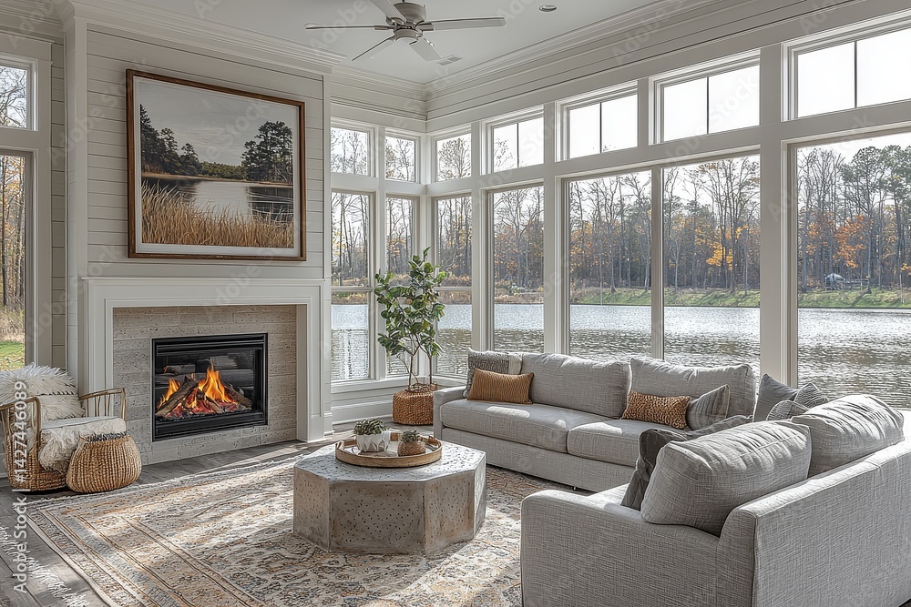 Fototapeta premium Elegant farmhouse-style sunroom with fireplace, large windows overlooking the lake, gray sofa, hexagonal coffee table, and sophisticated decor.