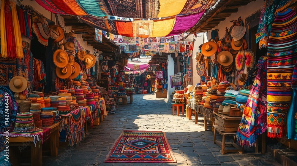 Fototapeta premium A vibrant open-air market filled with colorful textiles, hats, and handicrafts, perfect for Cinco de Mayo celebrations, cultural events, or lifestyle blogs.