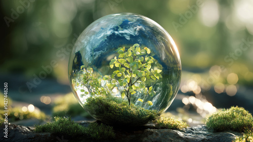 自然を映し出すガラスの地球と環境保護の象徴、地球の自然環境、緑の自然環境保護