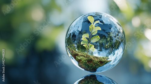 自然を映し出すガラスの地球と環境保護の象徴、地球の自然環境、緑の自然環境保護