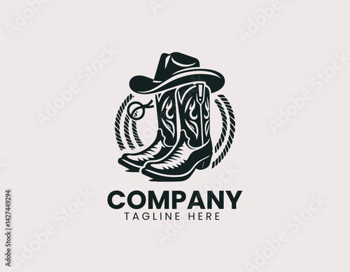Classic Cowboy Boots Hat Lasso Rope Vector Logo Design, Vintage Cowboy Boots Hat Lasso Logo
