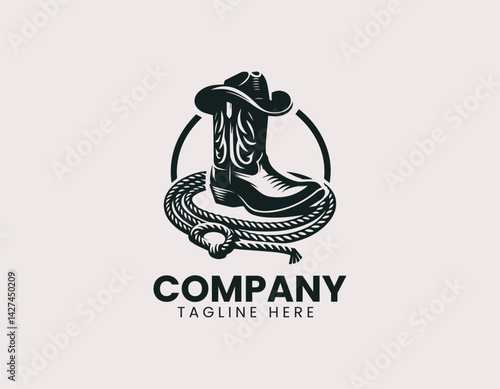 Classic Cowboy Boots Hat Lasso Rope Vector Logo Design, Vintage Cowboy Boots Hat Lasso Logo