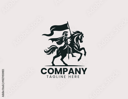 Epic Warrior Silhouette Horse Standing Flag Vector Logo Design, Majestic Warrior on Horseback Holding Flag Logo