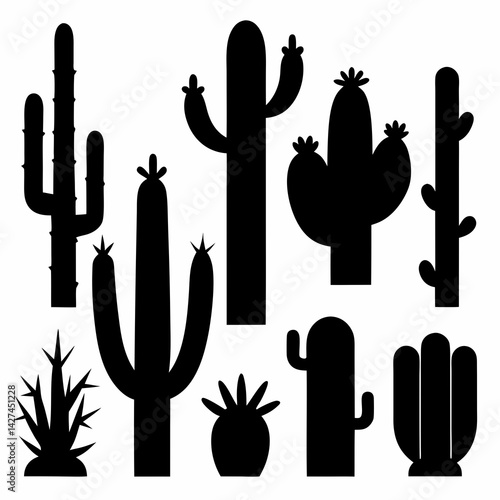 Set of 16 Black Silhouette Cacti