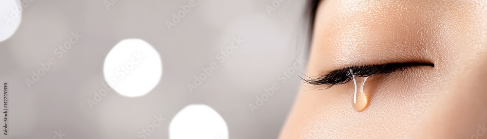 A close-up of a woman's eye with a tear cascading down her cheek, set against a softly blurred background.