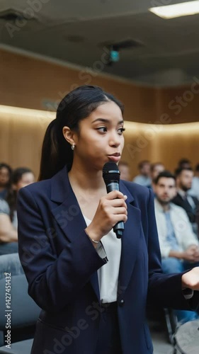 Young woman speaking into a microphone during a seminar in a conference room in front of an audience, formalwear, public speaking