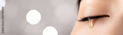 Obraz na płótnie A close-up of a woman's eye with a tear cascading down her cheek, set against a softly blurred background. w salonie