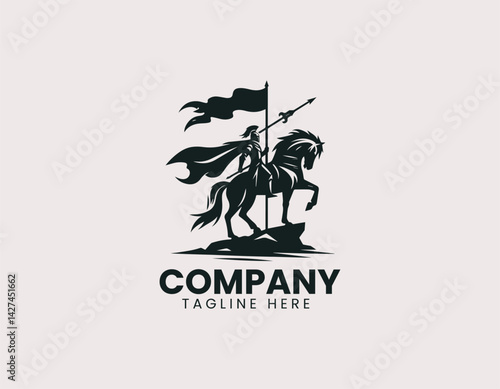 Epic Warrior Silhouette Horse Standing Flag Vector Logo Design, Majestic Warrior on Horseback Holding Flag Logo