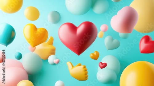 Abstract floating D thumbs-up and heart icons with clean background, modern design with center copy space