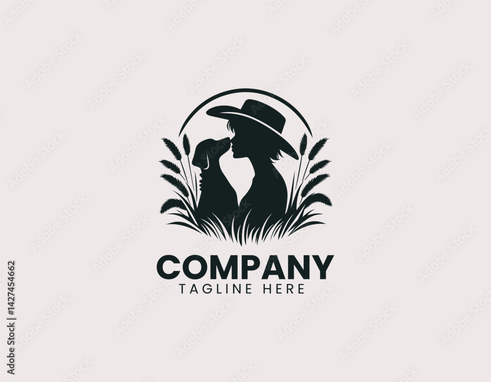 Obraz premium Cowgirl Hat Woman Kissing Dog Tall Grass Vector Logo Design, Western Woman Cowboy Hat Kissing Dog Logo
