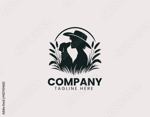 Cowgirl Hat Woman Kissing Dog Tall Grass Vector Logo Design, Western Woman Cowboy Hat Kissing Dog Logo