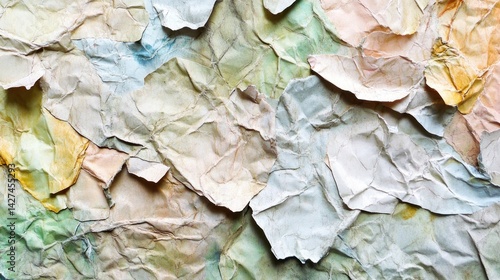 Crinkled, multicolored paper scraps create a textured surface.