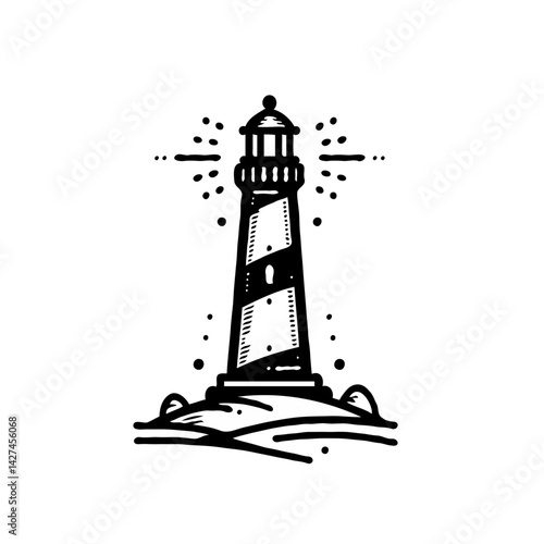 Lighthouse Illustration in Black and White Representing Navigation  