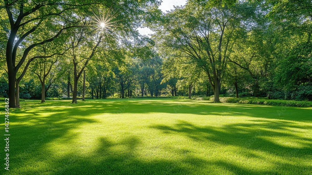Obraz premium Peaceful forest glade with sunlight filtering through trees, calming nature escape with wide area for design