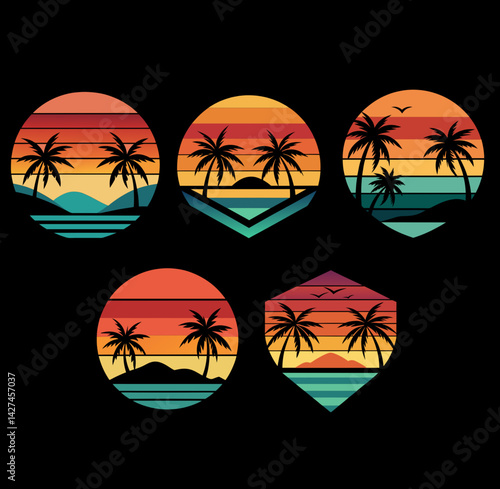 Beautiful sea with palm sunset vector flat design