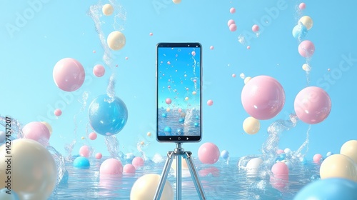 Smartphone mounted on tripod, with open livestream interface and subtle reaction bubbles in the background