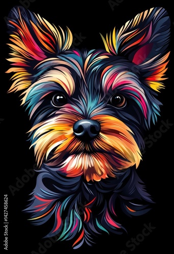 A colorful stylized portrait of a small dog against black
