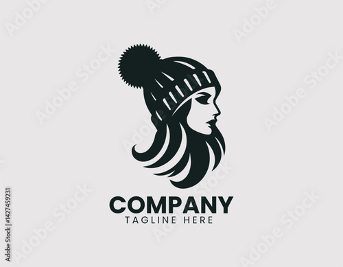 Stylish Woman Silhouette Profile Beanie Pompom Vector Logo Design, Trendy Woman Profile Beanie Hat Pompom Logo