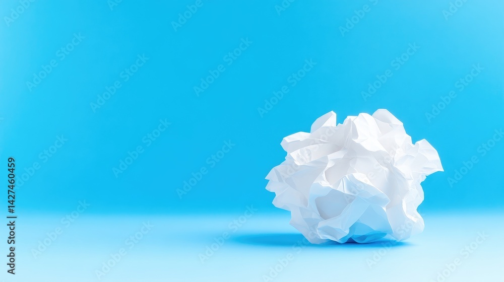 Fototapeta premium Crumpled white paper ball on a bright blue background