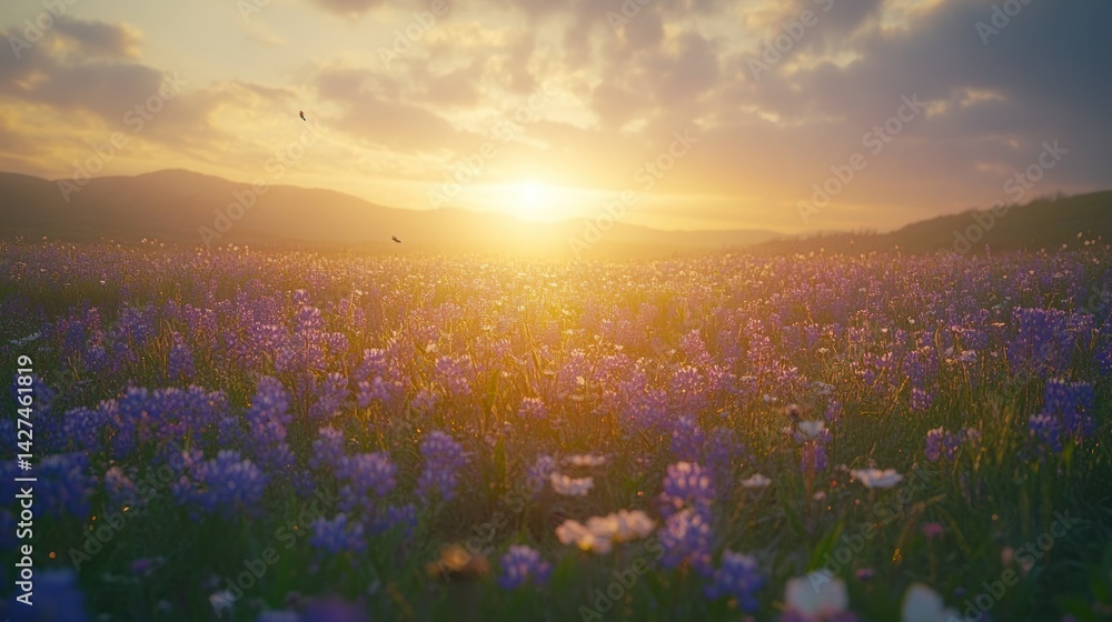 Fototapeta premium Sunset over a field of purple wildflowers