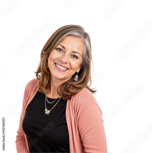 Confident Middle-Aged Woman with Light Brown Hair Smiling against a Black Background, Wearing a Black Top and Pink Cardigan, Exuding Warmth and Approachability