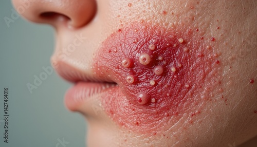 Close-up view of inflamed skin with small bumps.