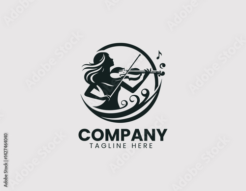 Passionate Woman Playing Violin Illustration Vector Logo Design, Enthusiastic Woman Violin Player Logo