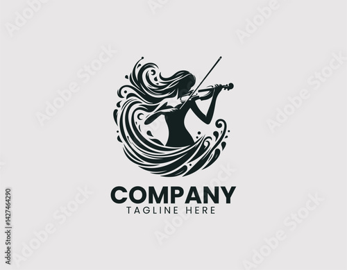 Passionate Woman Playing Violin Illustration Vector Logo Design, Enthusiastic Woman Violin Player Logo