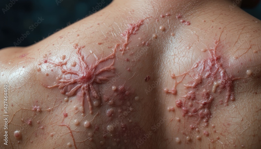 Fototapeta premium Red, inflamed skin lesions covering a person's back.
