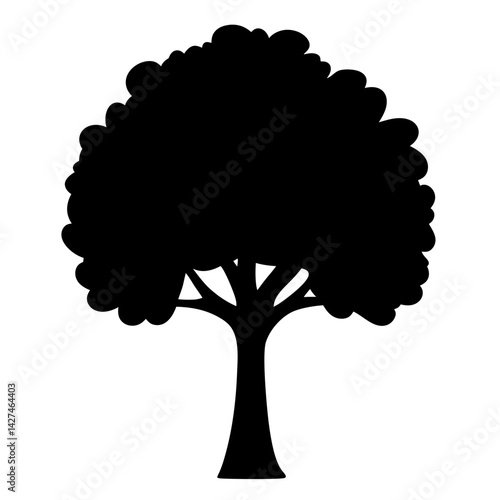 Monochrome depiction of a broad tree with a thick leafy crown